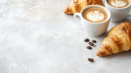 White coffee cups and croissants on a light gray surface with selective focus Healthy breakfast theme featuring ample copy space Banner design