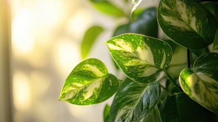 Obraz premium Close up view of variegated houseplant leaves illuminated by soft natural light