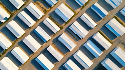 Aerial view of a contemporary climate controlled storage facility featuring numerous white and blue units beneath a bright sky