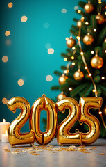 A festive New Year's scene featuring large, shiny gold balloons shaped as "2025"