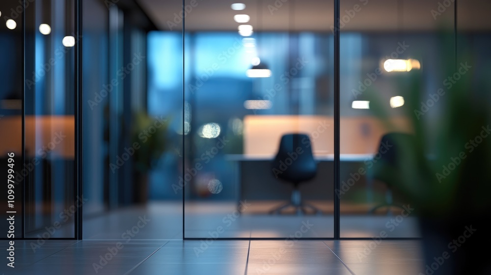 Poster blurry background of a business office environment featuring an empty reception area and softly illu