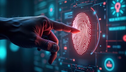 Hand touches digital fingerprint tech interface. Person uses biometric security system. Biometric authentication process at work. Modern security method concept. Secure access control. Technology