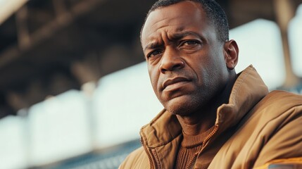 Obraz premium Serious adult African American male football coach wearing a jacket captured in an outdoor stadium setting