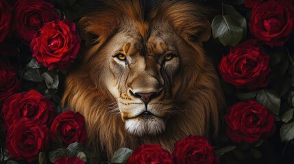 Fierce Love A Strong Emblem of Passion Featuring a Lion the Regal King Accompanied by Red Roses
