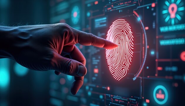 Hand touches digital fingerprint tech interface. Person uses biometric security system. Biometric authentication process at work. Modern security method concept. Secure access control. Technology