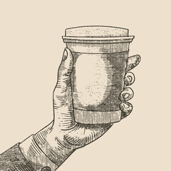 Cup of coffee in hand, take away, illustration in medieval engraving style