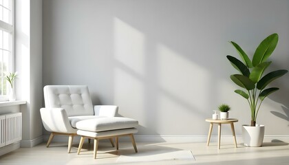Fototapeta premium A modern minimalist living room with a gray wall , a white armchair , and a small side table with a potted plant
