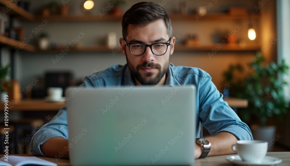 Aufkleber man sits in front of laptop focused on work study in cafe. concentrating on screen. modern tech, dig