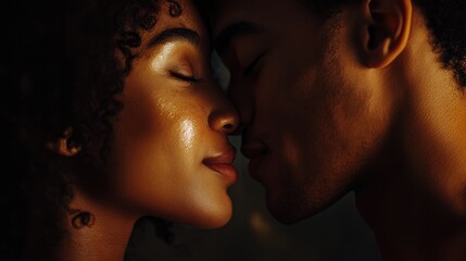 Close up portrait of a couple sharing an intimate moment just before their kiss
