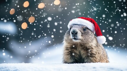Festive Groundhog in a Santa Hat Enjoys Christmas Amidst Gentle Winter Snowfall