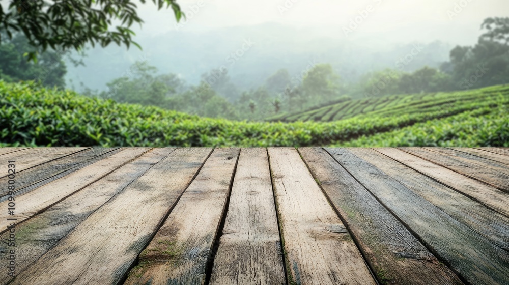 Aufkleber rustic wooden table with empty space for product display set against a backdrop of lush tea gardens 