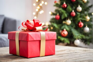 Obraz premium Close-up of a red gift box on the table against a blurred Christmas living room background with copy space.