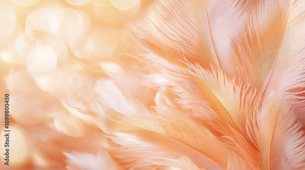 Wall mural soft peach colored feathers with a blurred background featuring selective focus and ample copy space