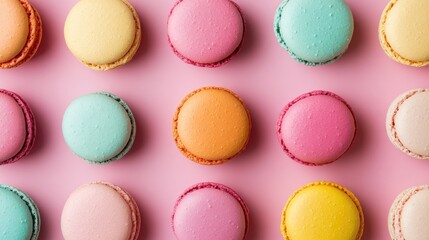 Obraz premium Vibrant macaron or macaroon arranged on a pink background captured from above in a flat lay style