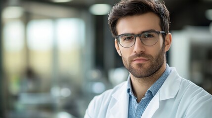 Obraz premium Portrait of an attractive male scientist wearing a lab coat and glasses gazing directly at the camera