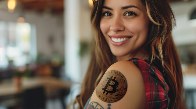 Crypto enthusiast with bitcoin tattoo on her shoulder.