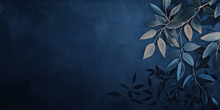 Dark blue background with leaf silhouettes in a soft, autumnal color scheme.
