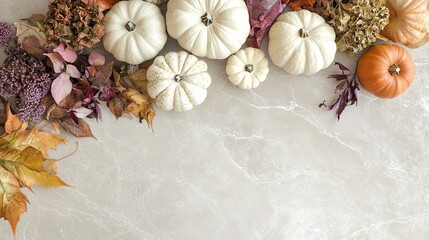 Thanksgiving background decorated with flowers, vegetables, and leaves.
