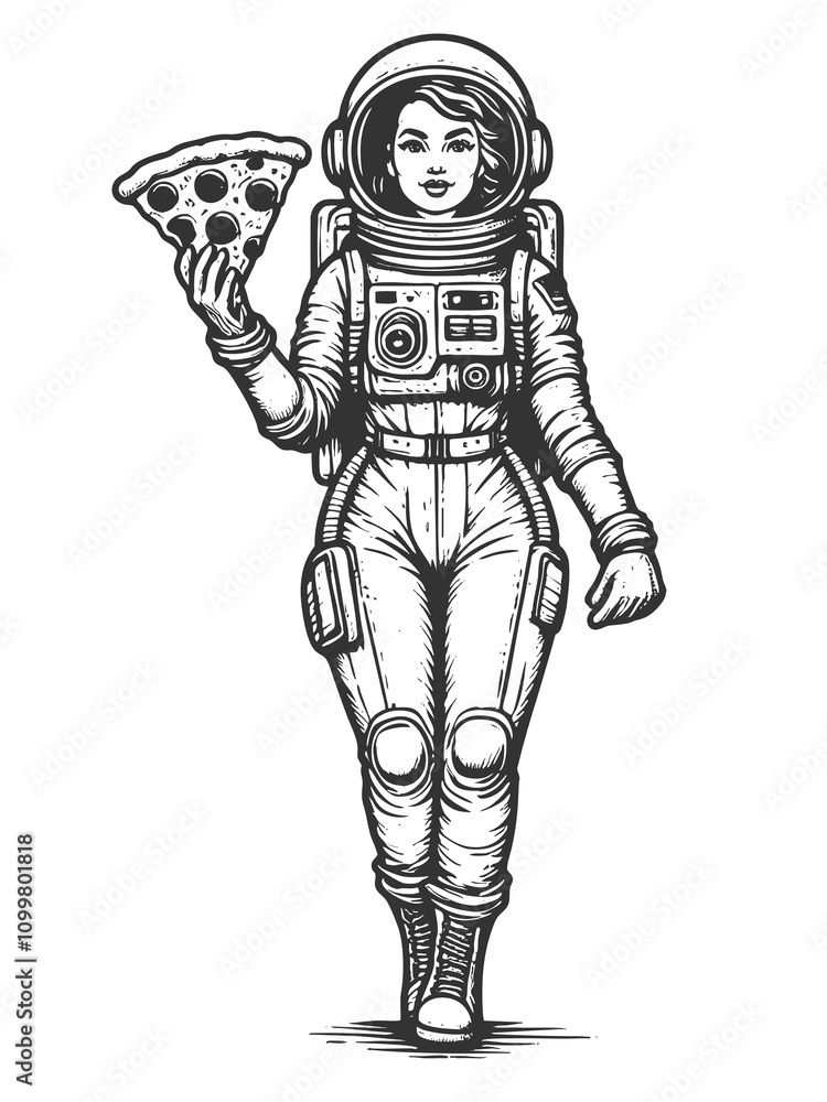 Poster astronaut with slice of pepperoni pizza in space, surrounded by stars in a retro style sketch engrav