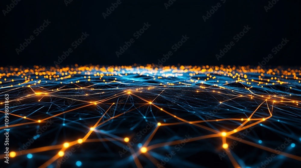 Poster glowing grid of interconnected digital patterns in futuristic landscape