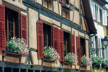 Fototapeta premium Ribeauville, Alsace, France: typical half-timbered houses