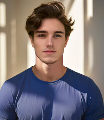 A young man caucasian, with brown hair , with a sweet smile, looking at the right