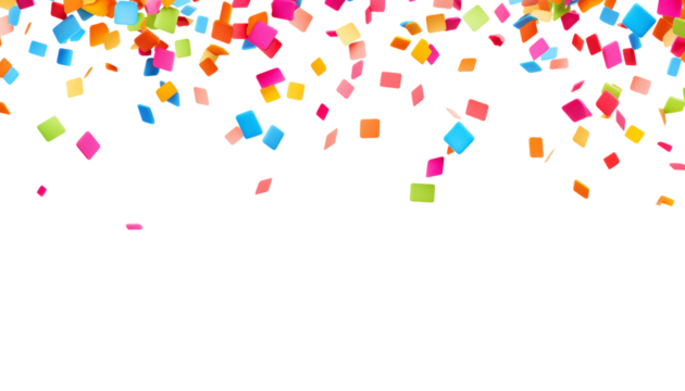 falling colorful square confetties isolated on transparent background cutout