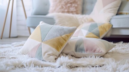 Geometric pillows in soft pastels on a fluffy white rug