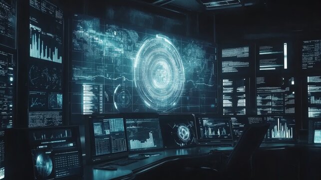 Futuristic control room with data diagrams on screens