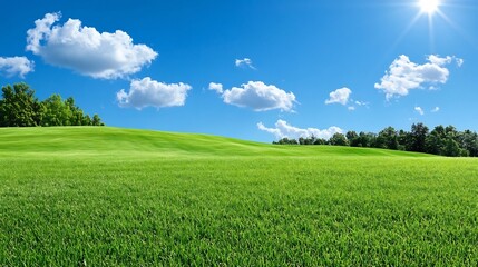 Obraz premium Expansive Pastoral Landscape with Rolling Green Hills and Bright Blue Sky