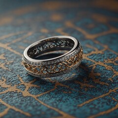 A double-layered ring with clean edges, placed on a geometric patterned background.