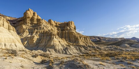 Obraz premium Dramatic landscape of desert mountains under a clear blue sky, showcasing the unique rocky formations and sparse vegetation.