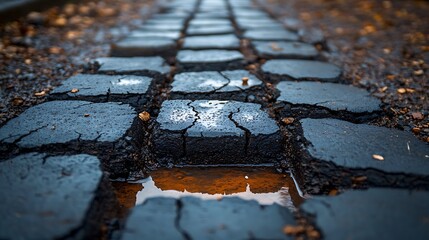Close-up of wet cobblestone street with mossy details and dramatic lighting creating depth and texture.