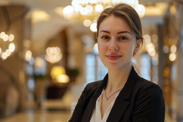 Fototapeta premium Generative AI Image of Smiling Female Receptionist at Hotel Lobby Desk