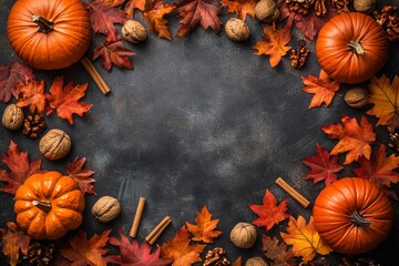 Thanksgiving concept. Autumn leaves, pumpkins, pine cones, and nuts on black background. Flat lay, layout, text space.