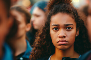 Obraz premium young woman with worried expression in a crowd