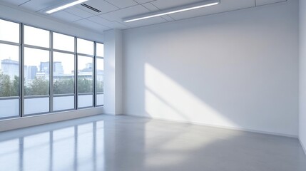 Spacious, bright office corner featuring large windows and a blank wall, perfect for displaying mockups and fostering creative ideas in a modern workspace.