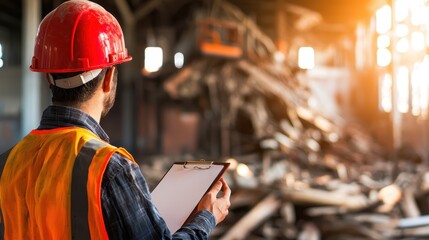 Safety inspection action at industrial site warehouse professional assessment urban environment on-site view workplace safety