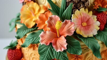 Fototapeta premium Hawaiian luau cake with hibiscus flowers and tropical fruits