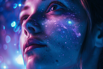 Glamorous astronaut in space with moon reflection on helmet, fantasy artwork in a pink cosmic retro scene, Generative AI