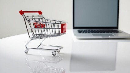 Online shopping concept with miniature shopping cart standing in front of laptop