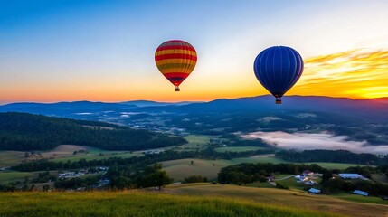 Fototapeta premium Vibrant Hot Air Balloons Floating Over Misty Valley at Picturesque Sunrise Scenic