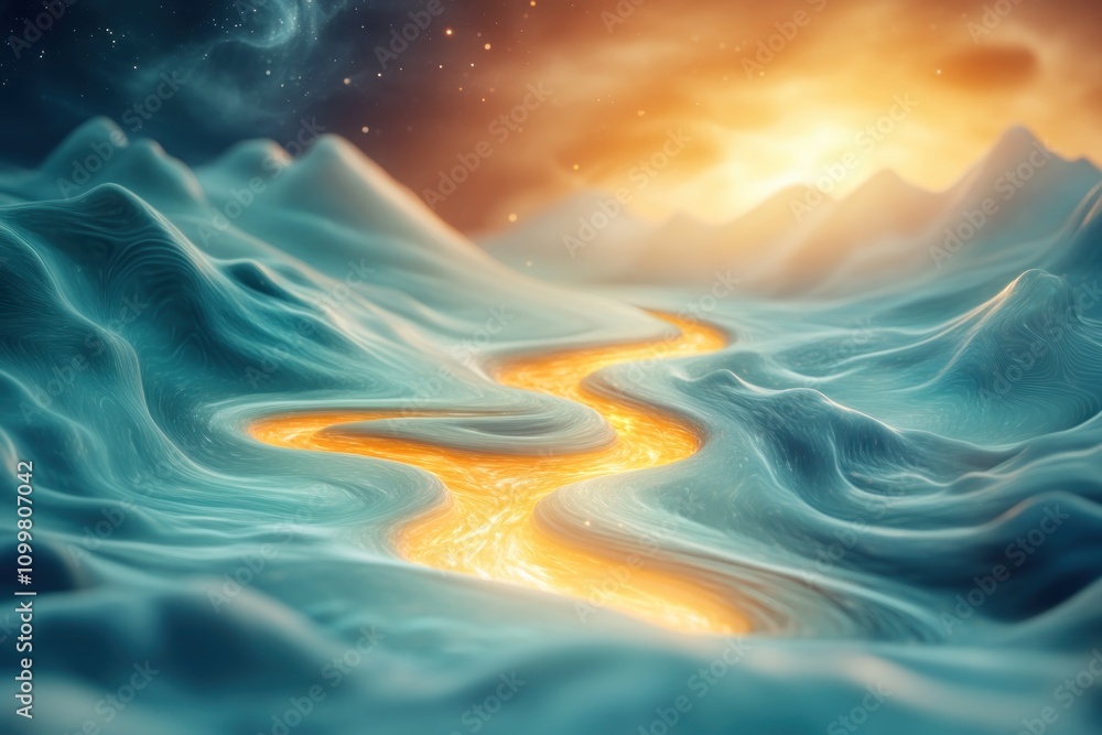 Poster a digital river flowing and splitting into vibrant pathways, alternatives in fluid motion explore th
