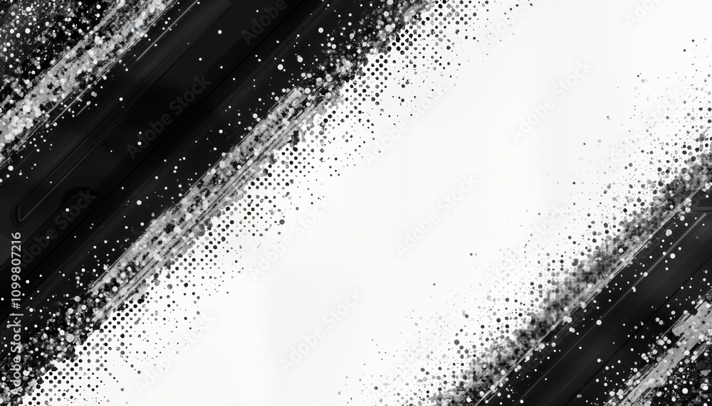 Poster Abstract black, white grunge halftone texture. Diagonal brushstrokes blend with scattered dots. Modern graphic design element. Digital illustration for background pattern. Stylish monochrome abstract
