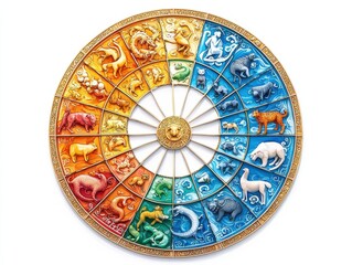 A 3D illustration of a zodiac wheel featuring all 12 animals clipart, traditional theme, isolated on white background