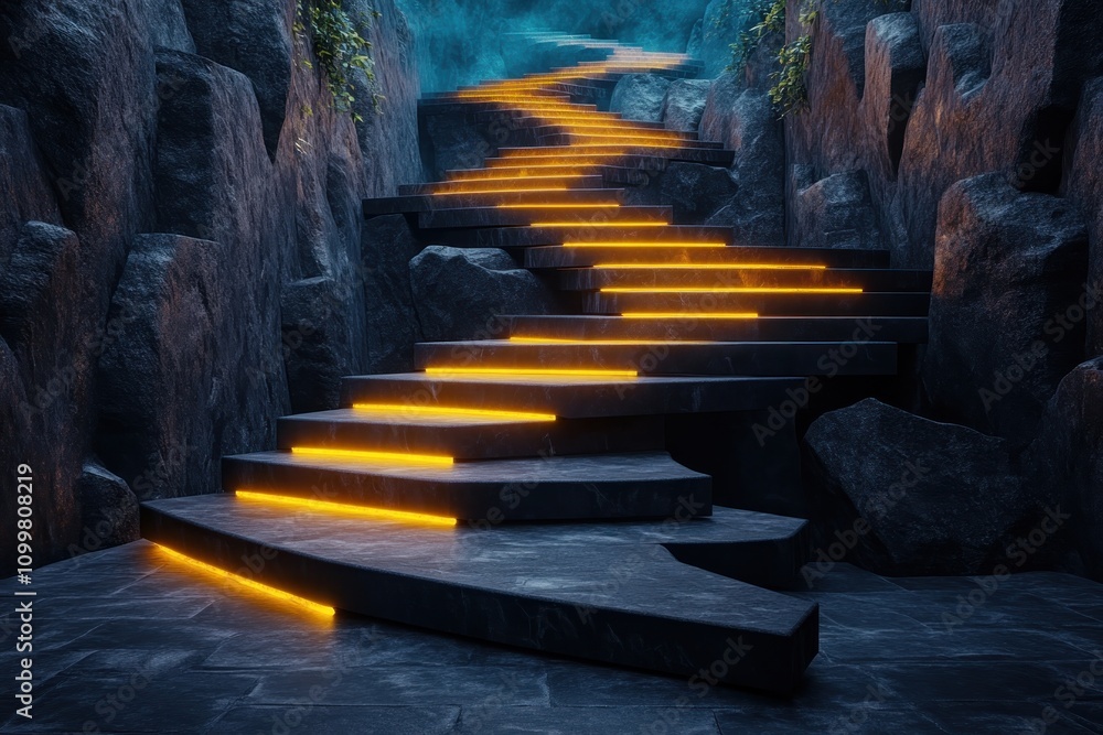Poster abstract glowing staircase multiple paths, choices, and goals, a digital art image depicting a split