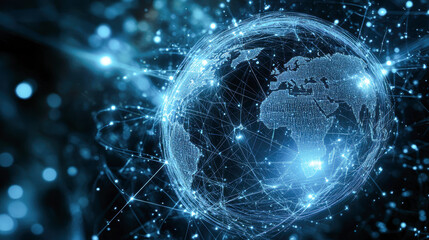 Obraz premium A blue globe with a network of lines and dots surrounding it