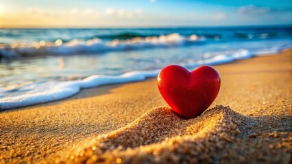 Fototapeta premium Macro Photography of a Vibrant Red Heart Shape in Beach Sand, Symbolizing Love and Connection with the Sea, Perfect for Romantic Themes and Coastal Imagery