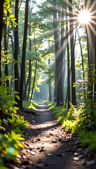 Sunlit forest path  green yellow brown  serene nature  spring awakening  peaceful tranquility 