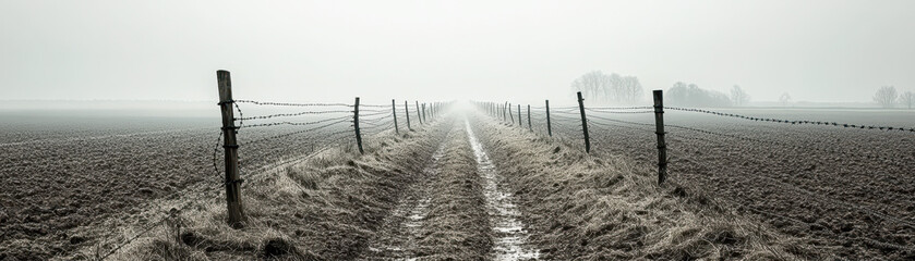 Obraz premium A field with a fence and a road in the middle